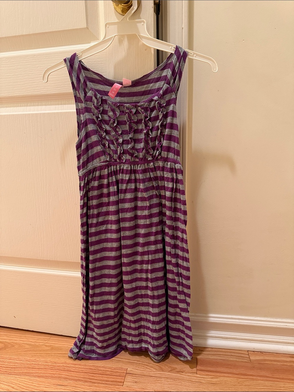 Hype Purple and Gray Striped Ruffle-Front Sleeveless Dress